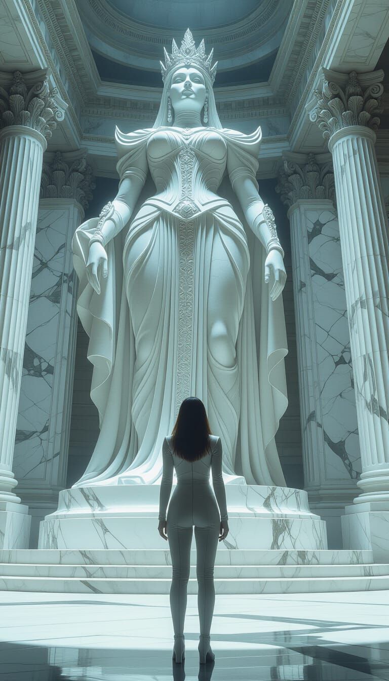 Futuristic Queen Statue Overlooks Space Explorer