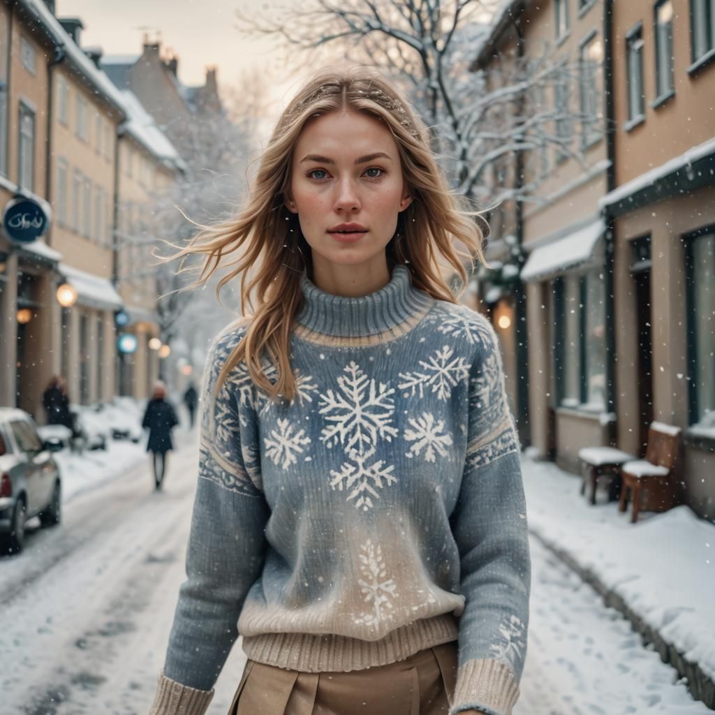 Norwegian Woman in Snowy Street, Impressionist Style