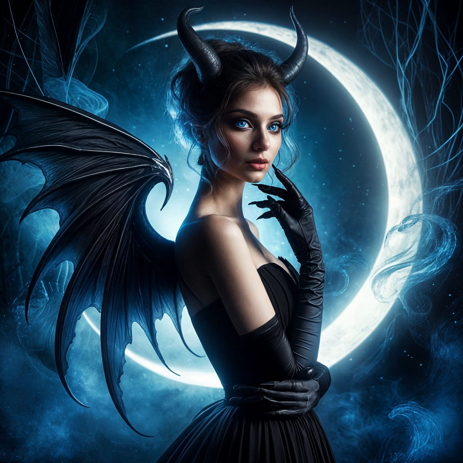 Mysterious Devil Woman Under Crescent Moon