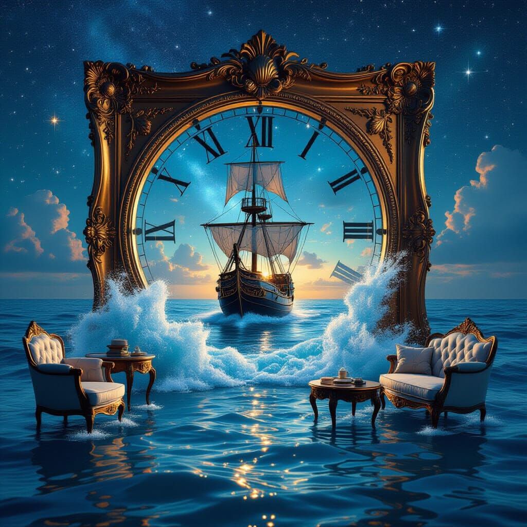 Surreal Portal Frame Floods Room with Cosmic Ocean and Ship