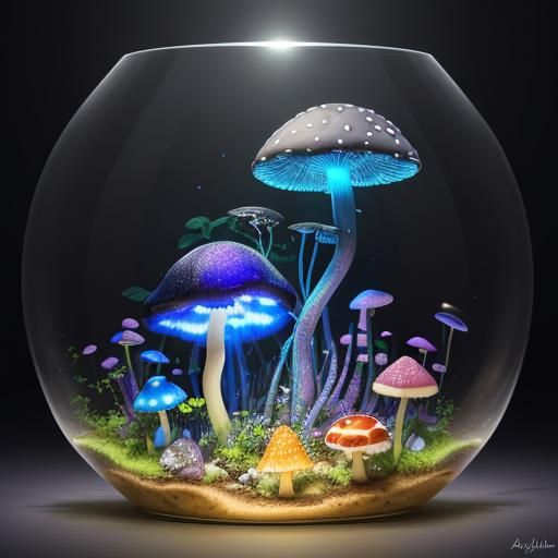 Surreal Snail with Bioluminescent Mushroom Terrarium Shell