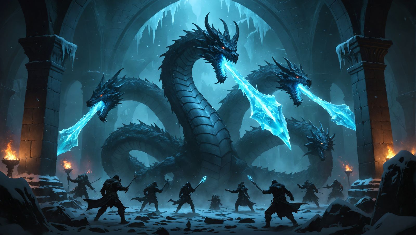 Dark Fantasy Frost Hydra Devours Adventurers in Desolate Dun...