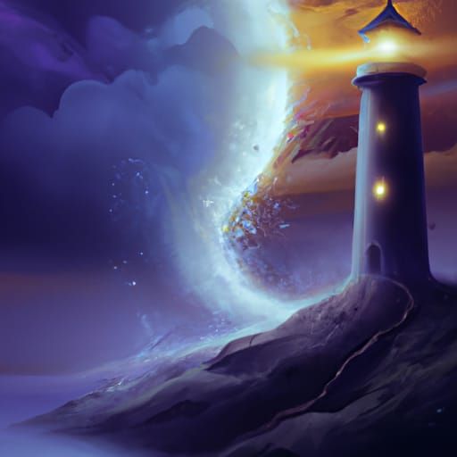 Cosmic Lighthouse at Night: Detailed Digital Painting
