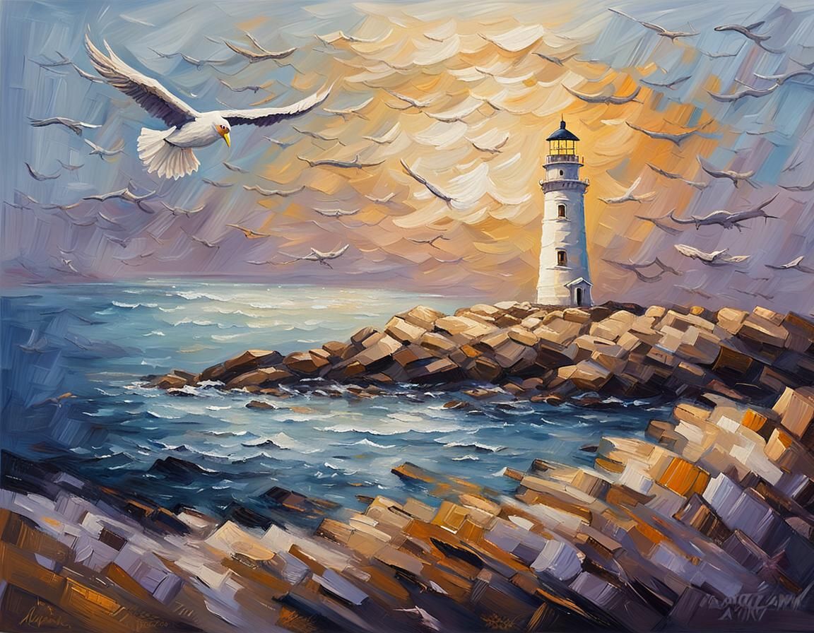 Lighthouse at Dawn as Impasto Oil Painting