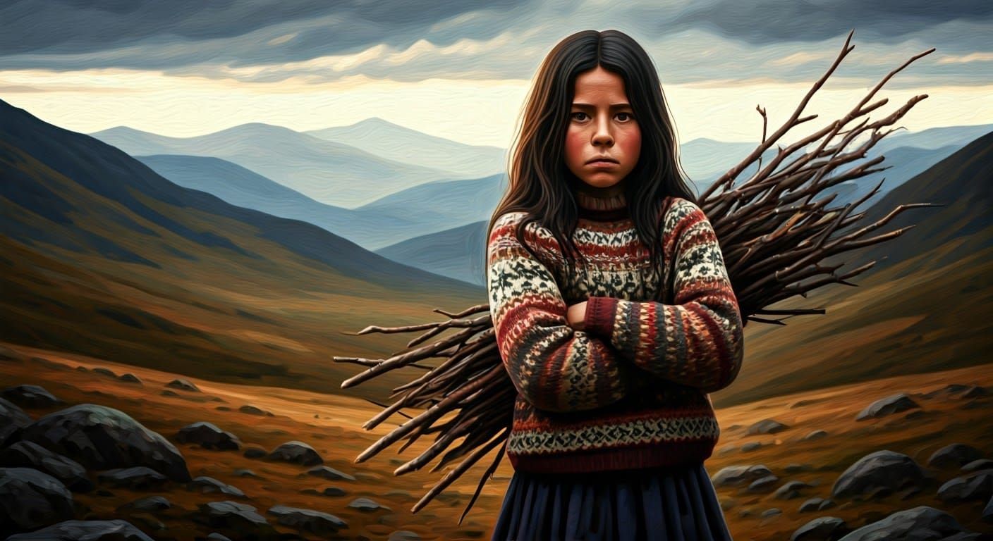 Young Girl in Rugged Mountain Landscape with Quiet Strength