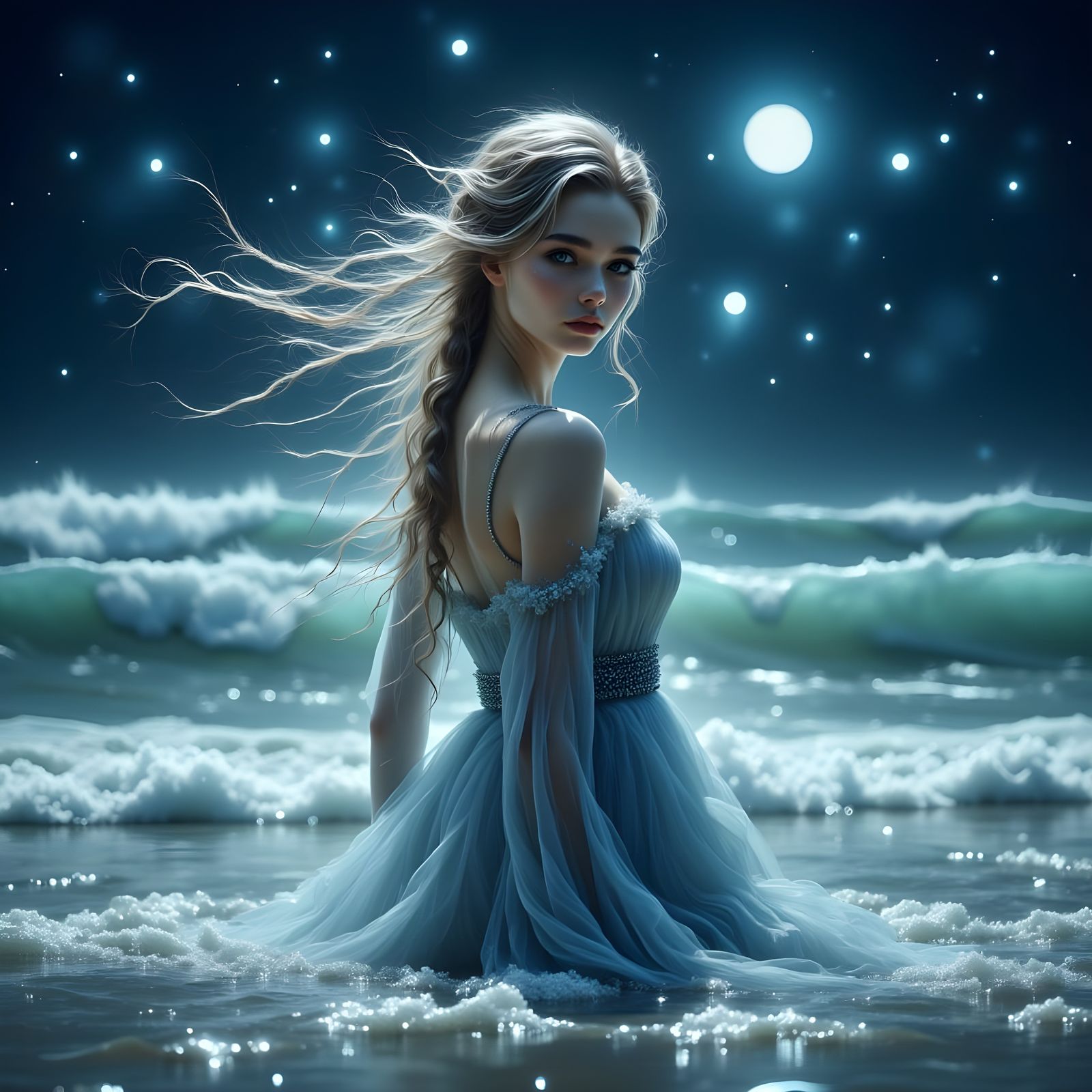 Surreal Norse Goddess Under Starry Ocean Night