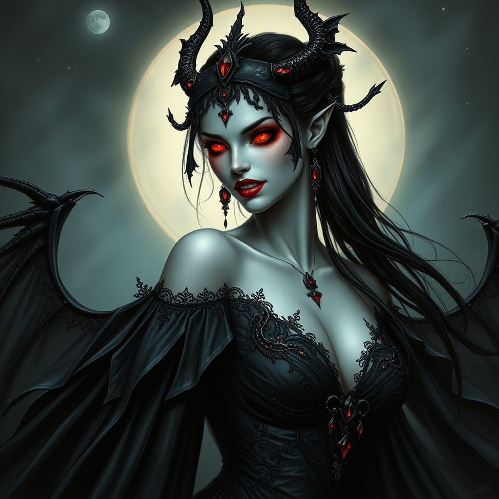 Alluring beautiful Demon Queen with glowing red eyes, gray s...