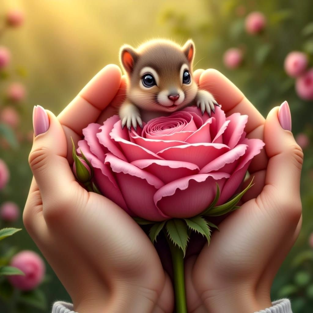 Hyperrealistic Hands Cradle a Baby Squirrel in a Magenta Ros...