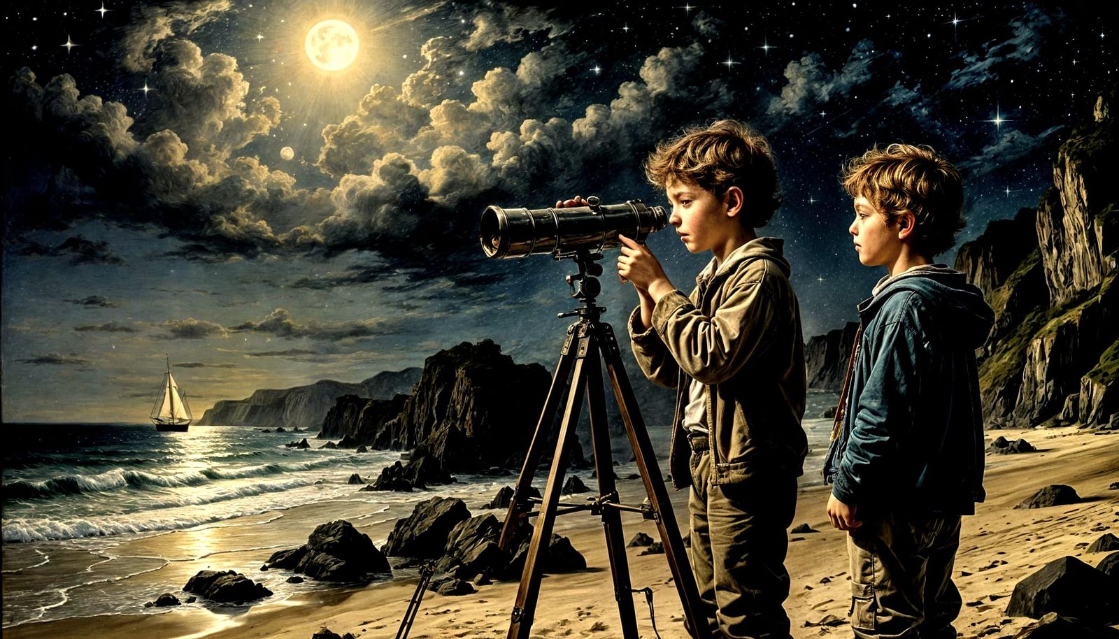 Youthful Sailor Contemplates Celestial Wonders Under Starry....