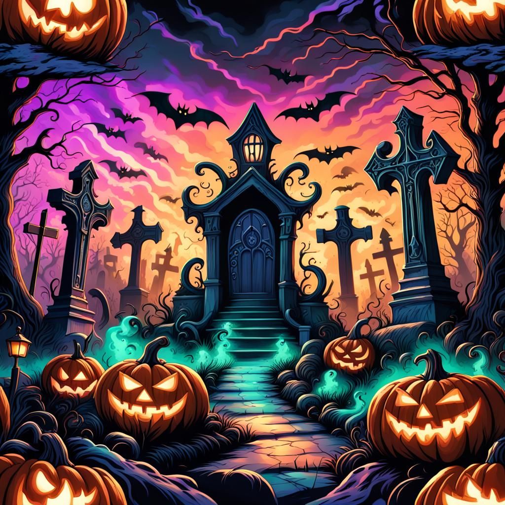 Graveyard Halloween Party in Airbrush Art Style