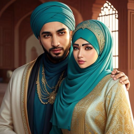 Elegant Muslim Couple Portrait in Digital Art Style