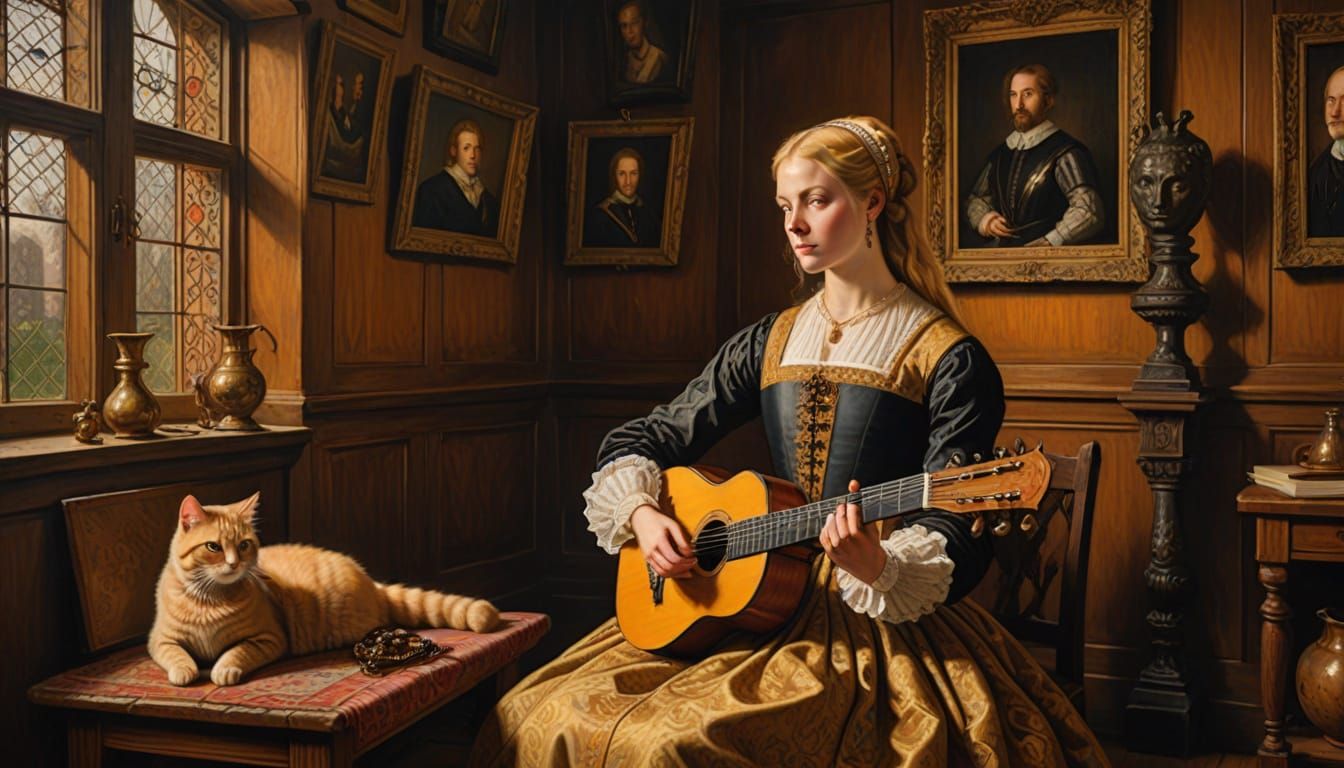 Tudor Woman Playing Lute with Cat, Oil Painting Style