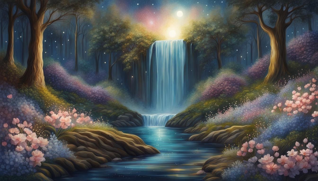 Coastal Waterfall Painting with Starry Sky