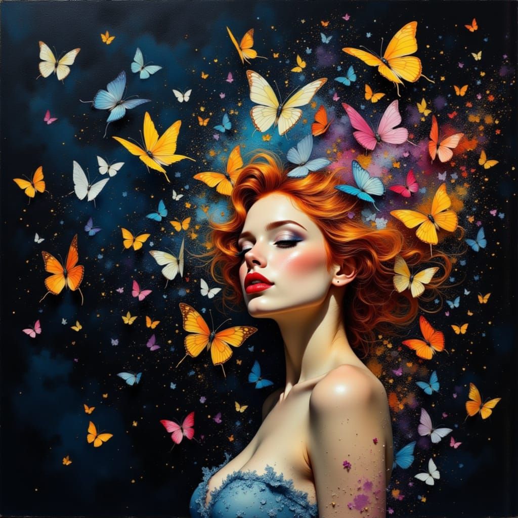 Encrustique Style: Woman and Giant Butterflies