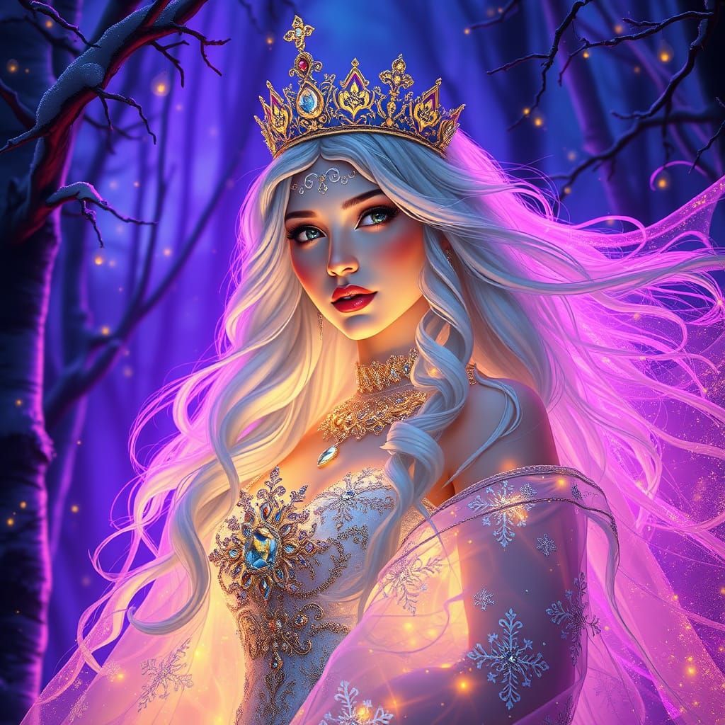 Ethereal Ice Queen in Vibrant Winter Wonderland