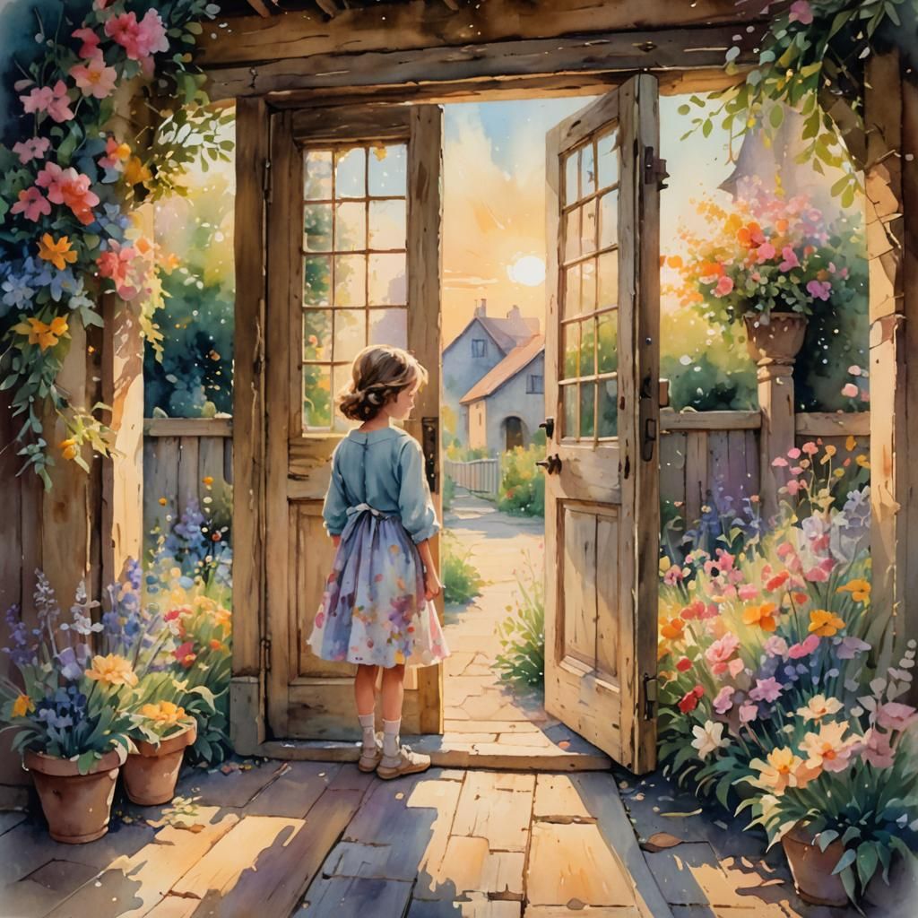 Impressionist Child at Floral Doorway in Golden Light