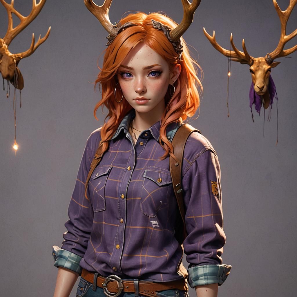 Anime Woman Portrait with Antlers in Digital Art