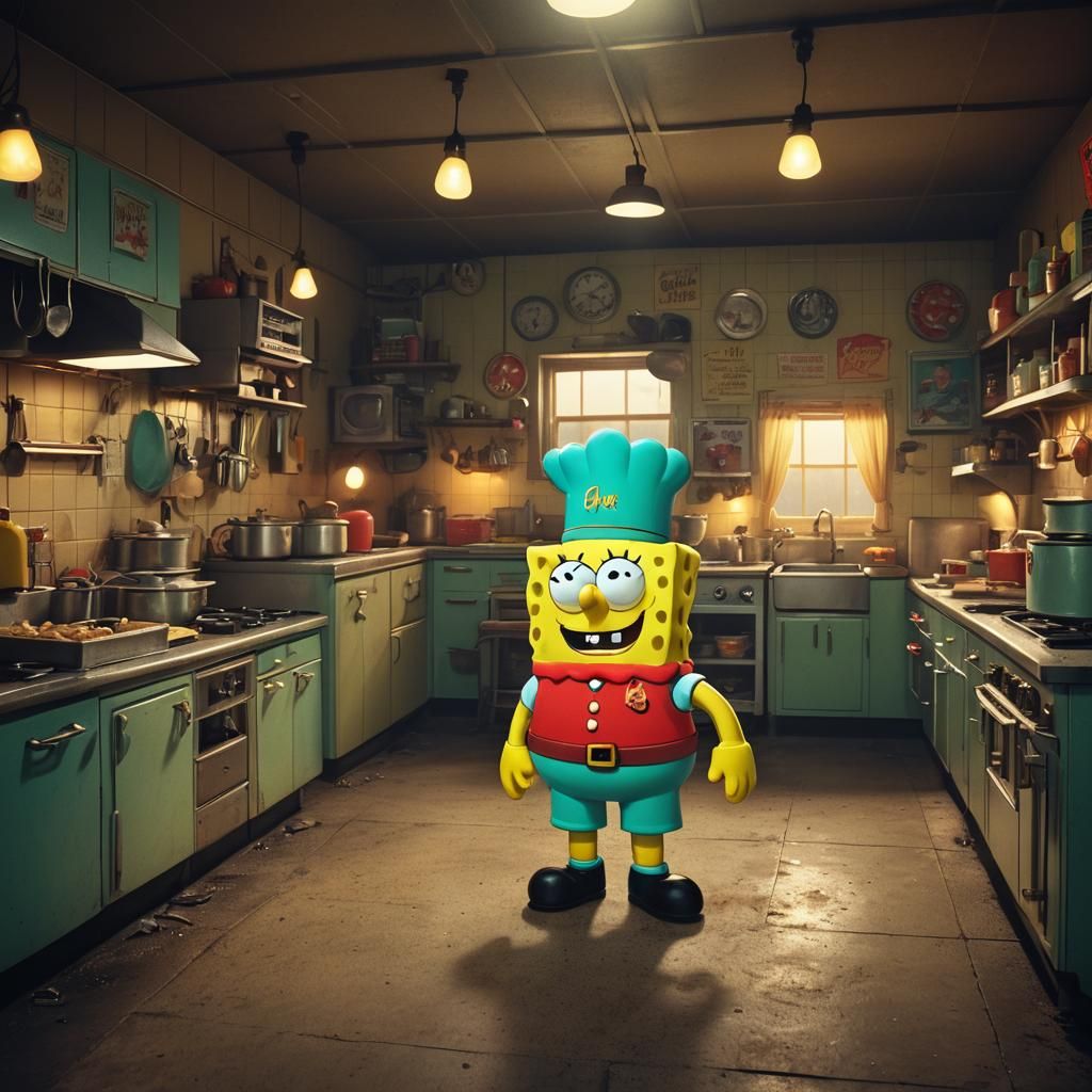 Bob Sponge in Krusty Krab Kitchen, Cinematic Film Still