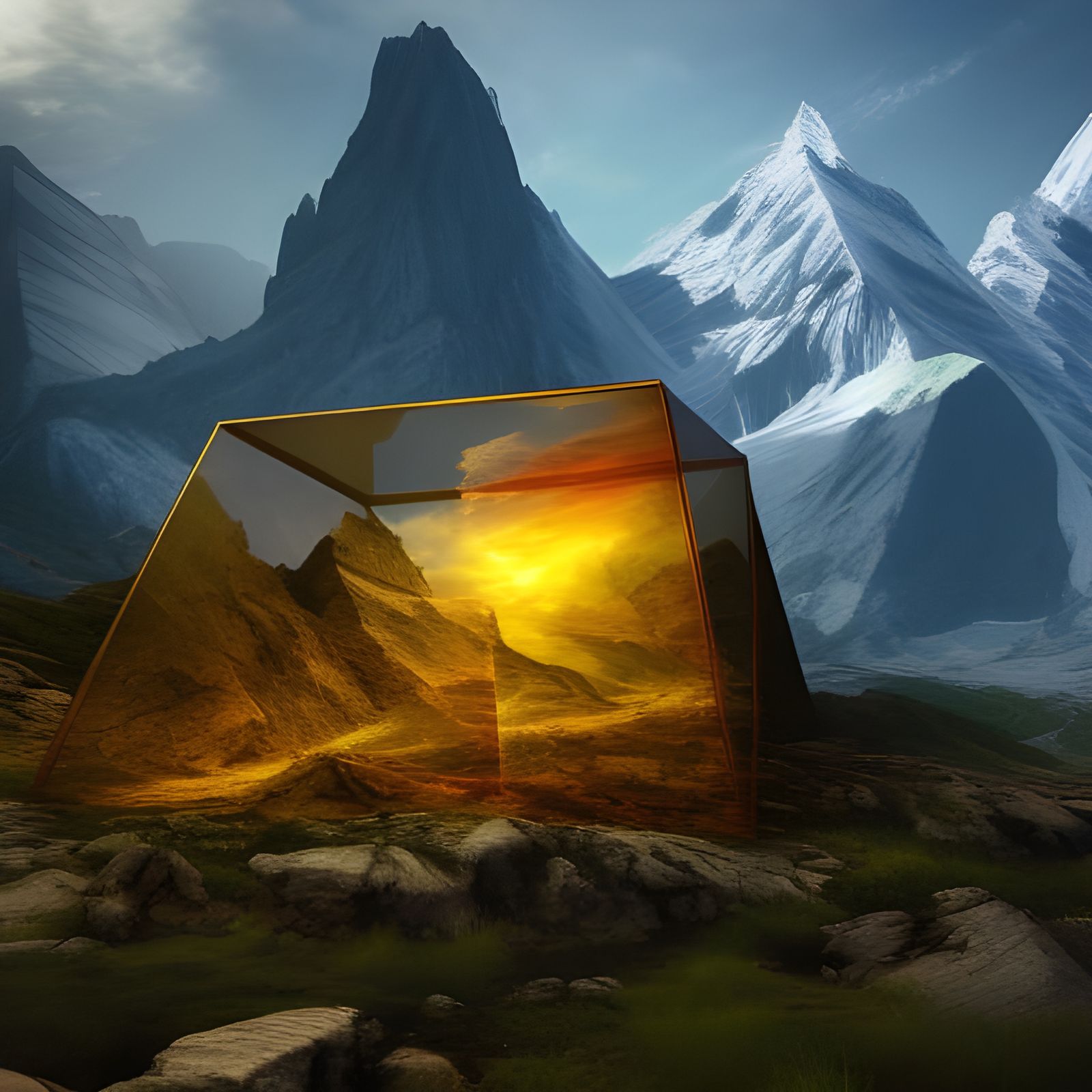 Mountain Scene with Nested Transparent Cubes