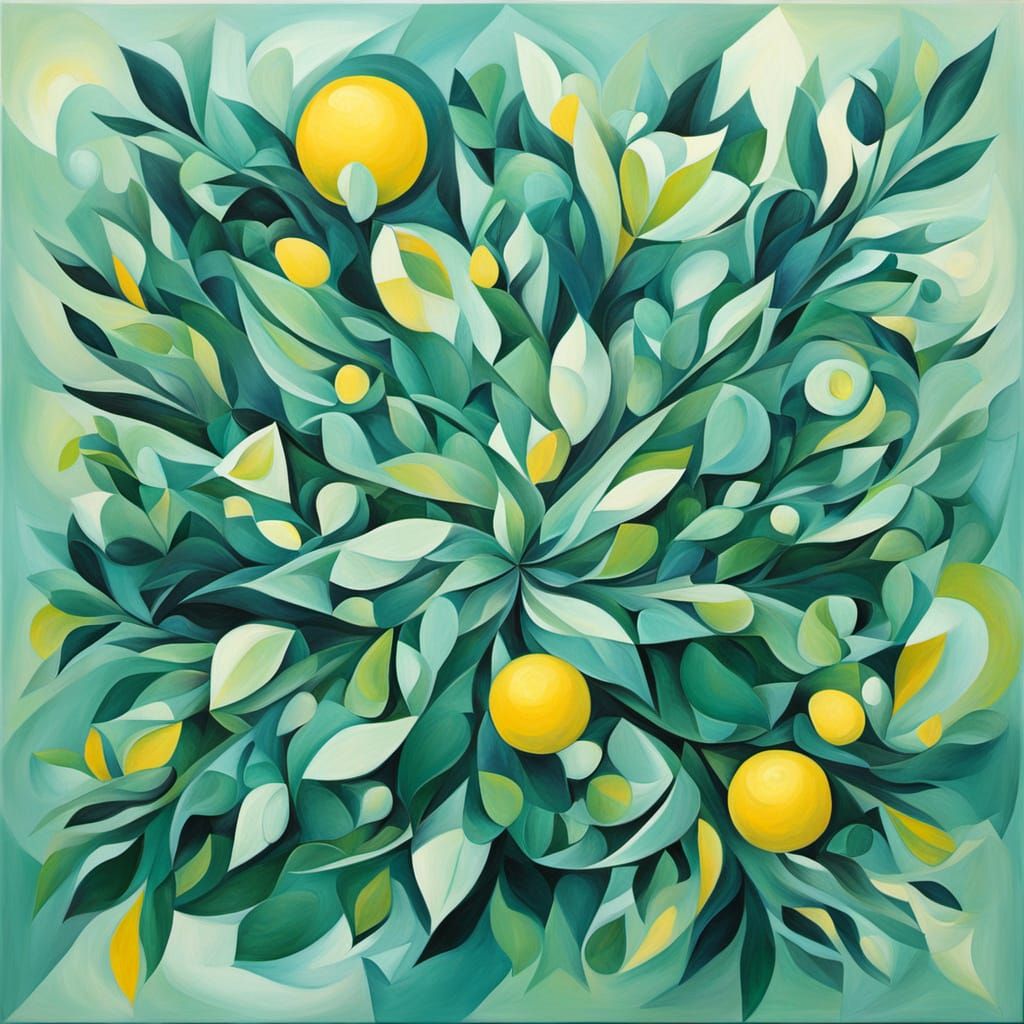 Abstract Cubist Painting of Floral Elements in Surrealism