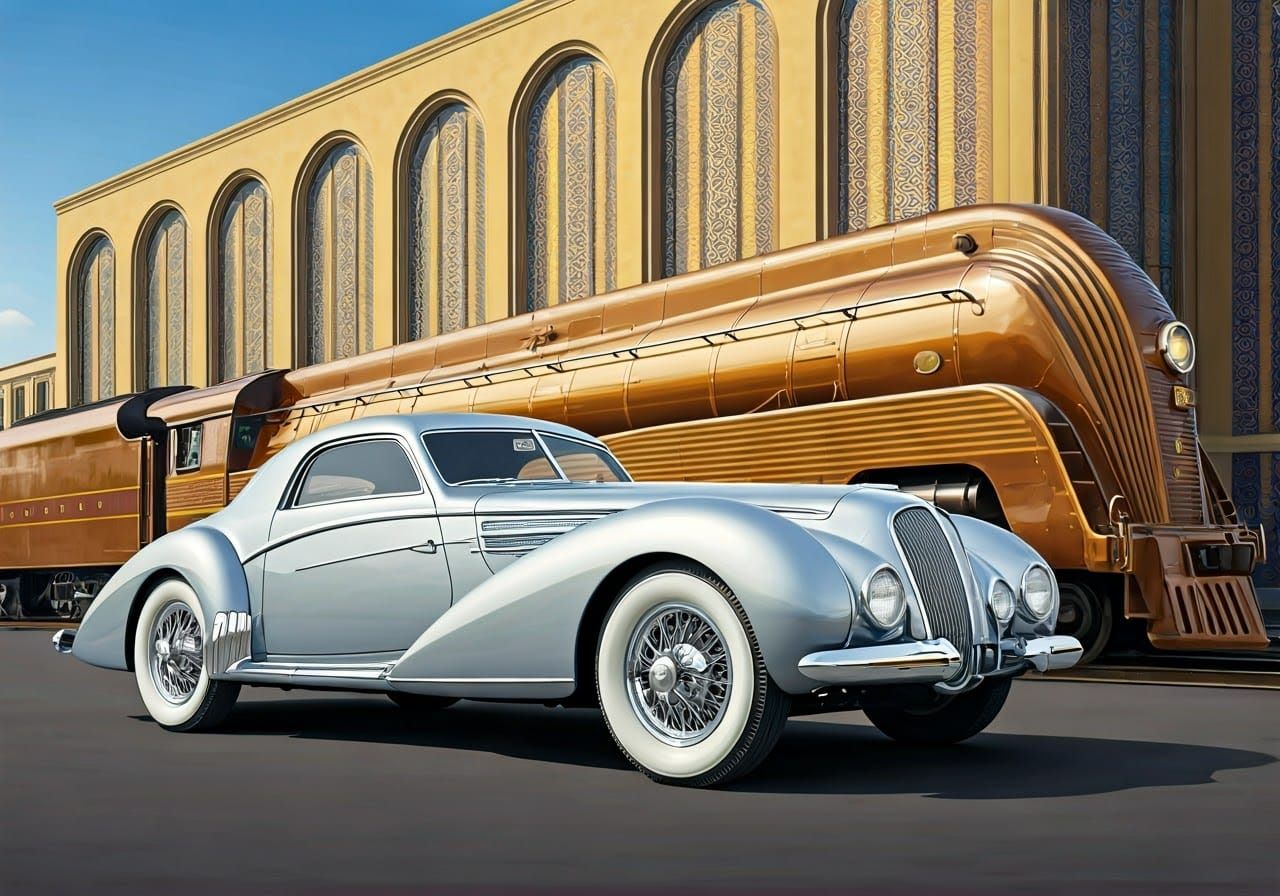 Vintage Car and Locomotive in Art Deco Style