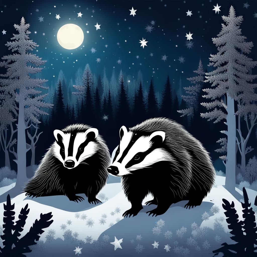 Badgers in a Sparkling Winter Forest