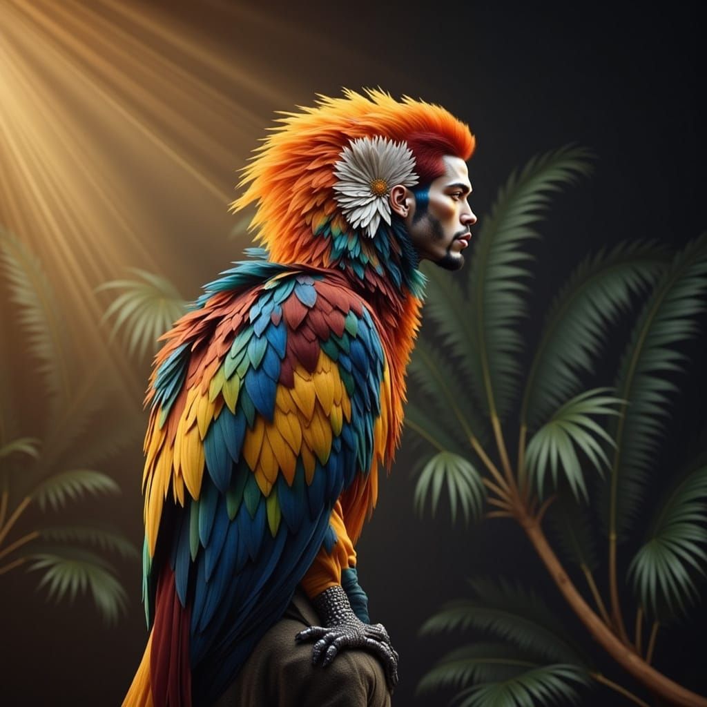 Majestic Macaw Woman Hybrid in Tropical Paradise