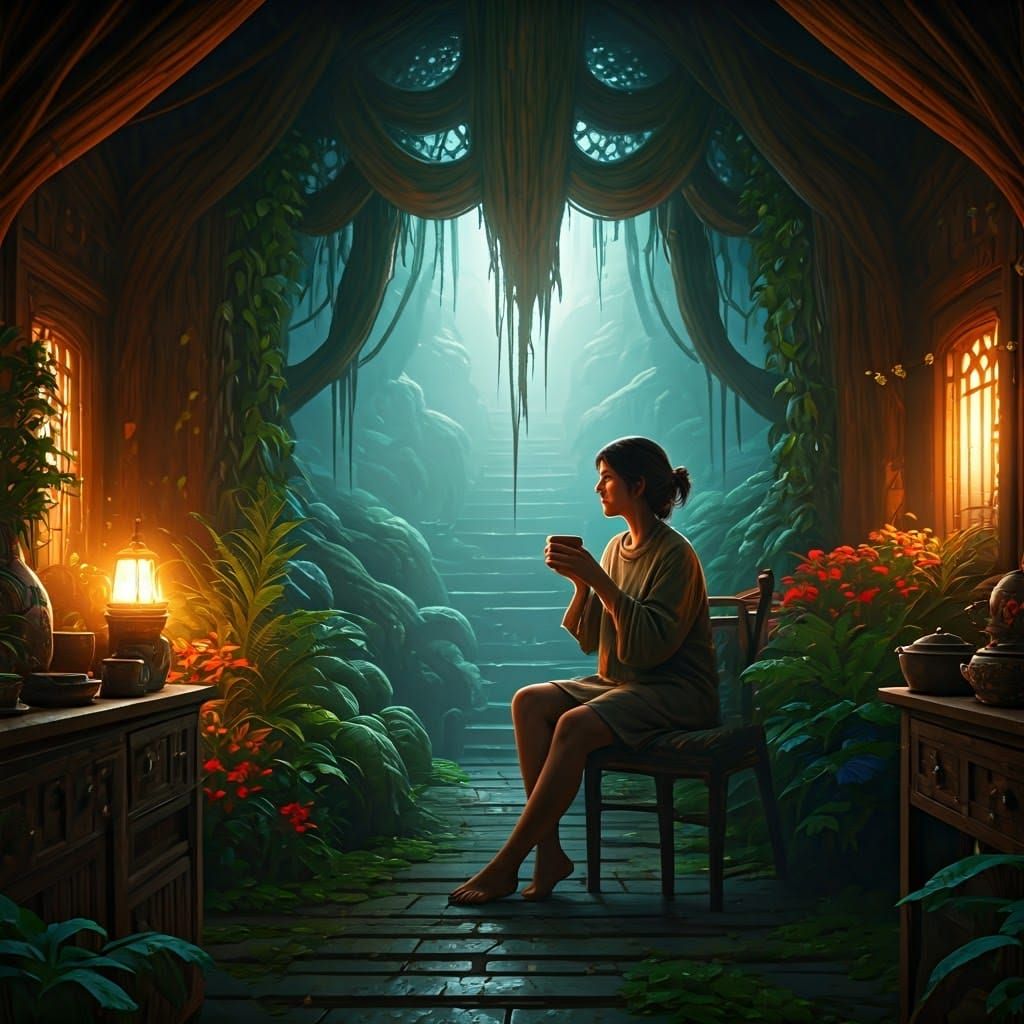 Woman Enjoying Morning Coffee in Lush Nature