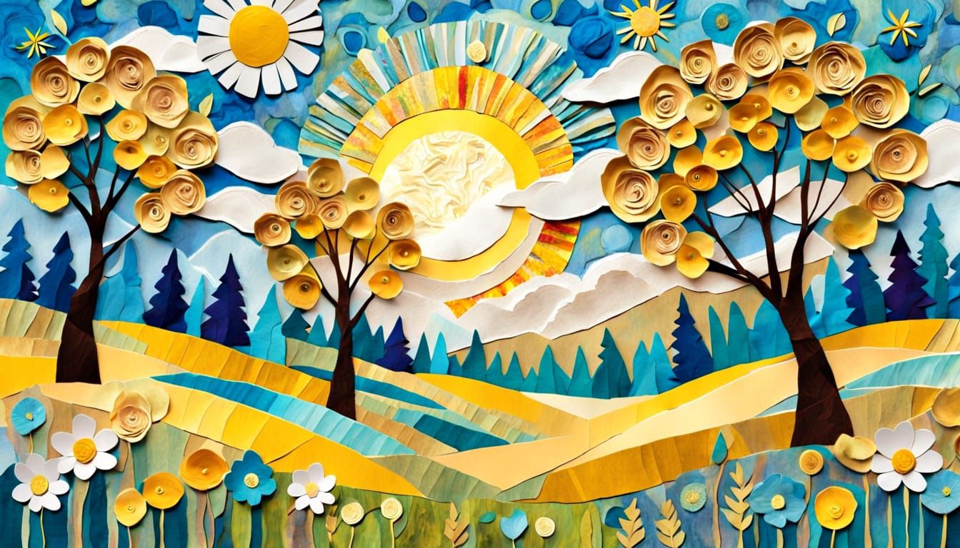 Impressionist Torn Paper Collage of Summer Meadow