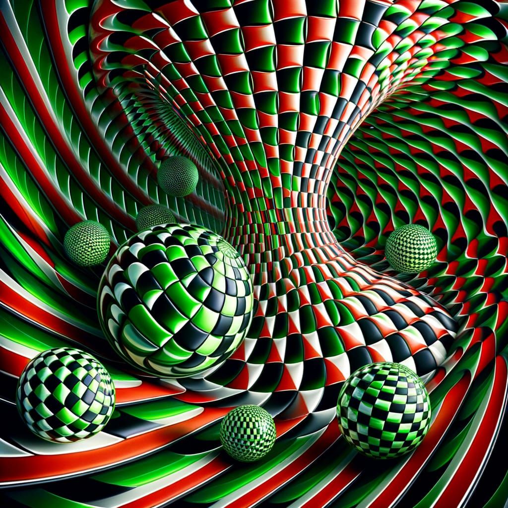 A surreal, mind-bending optical illusion featuring warped checkered green spheres floating over a twisting red and black...