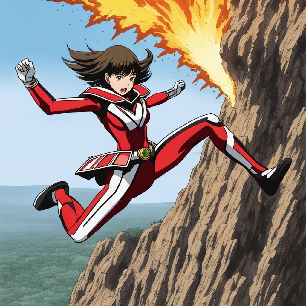 Tokusatsu Woman Leaping from Cliff Explosion