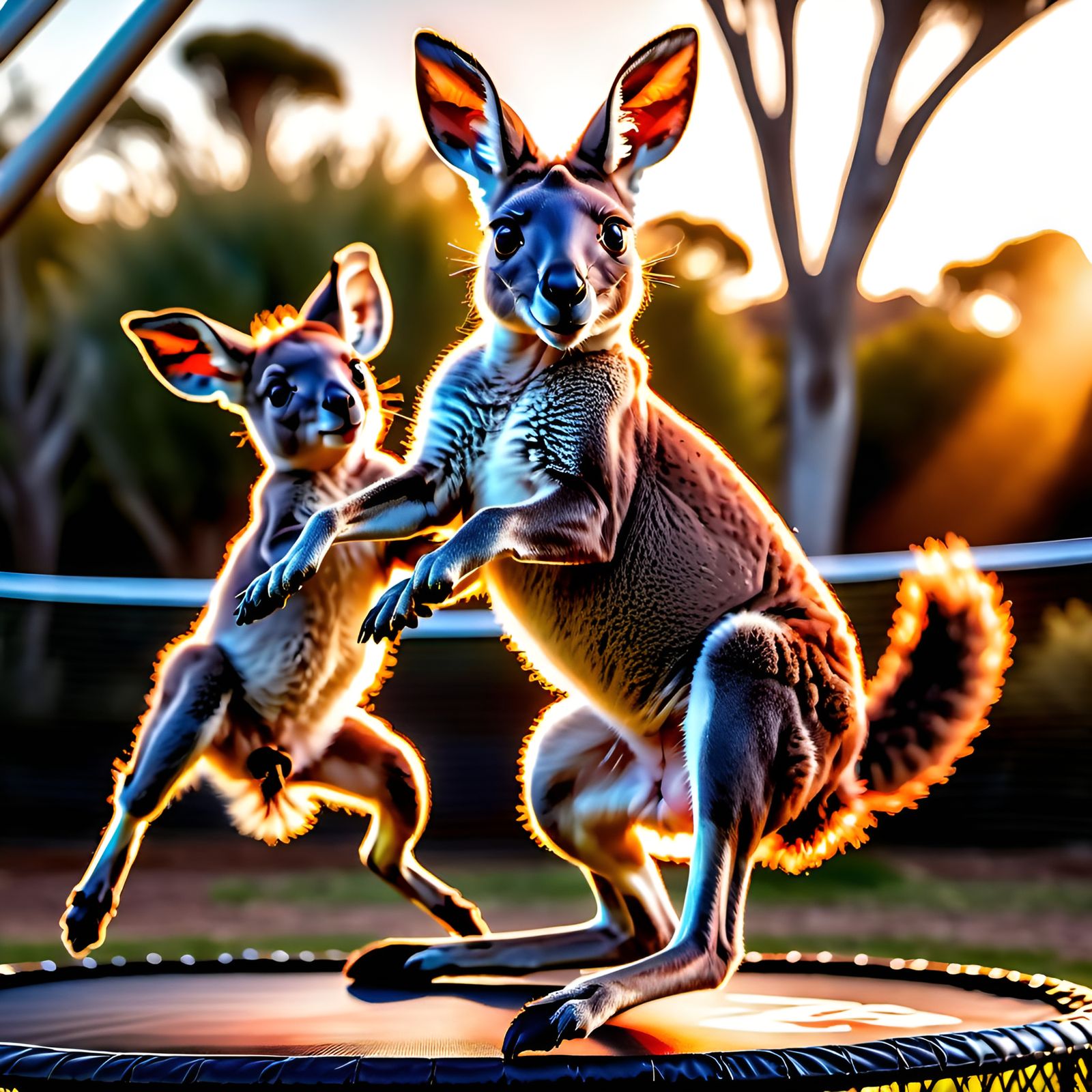 Kangaroo and Joey on Trampoline: Hyperrealistic Digital Art