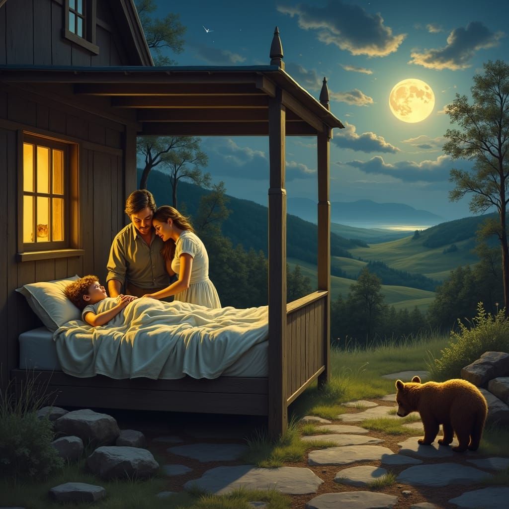 Moonlit Bedtime Story in Rockwell Style