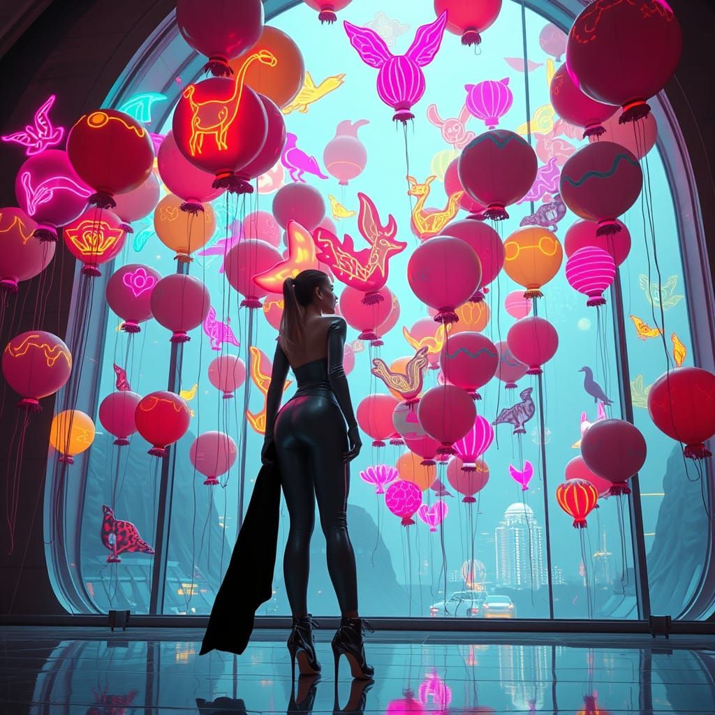 Cyberpunk Woman and Neon Balloons in Futuristic Room