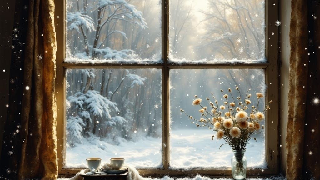 Peaceful Snowfall Outside Window in Ethereal Style