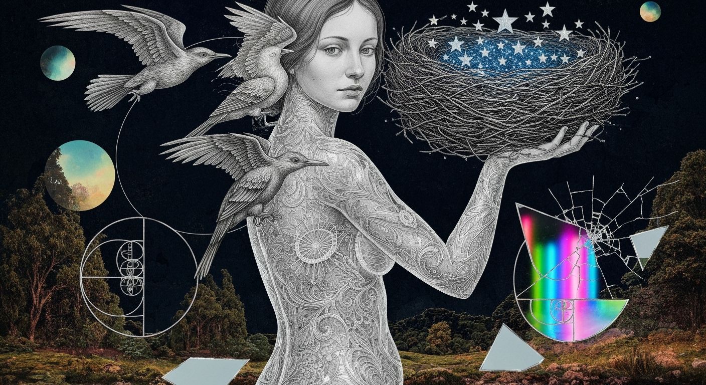 Serene Woman with Birds and Star Nest in Surreal Bio-Art