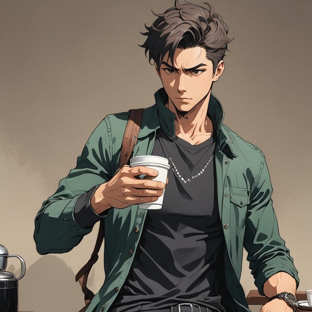 Anime Fit Guy Enjoying Morning Coffee