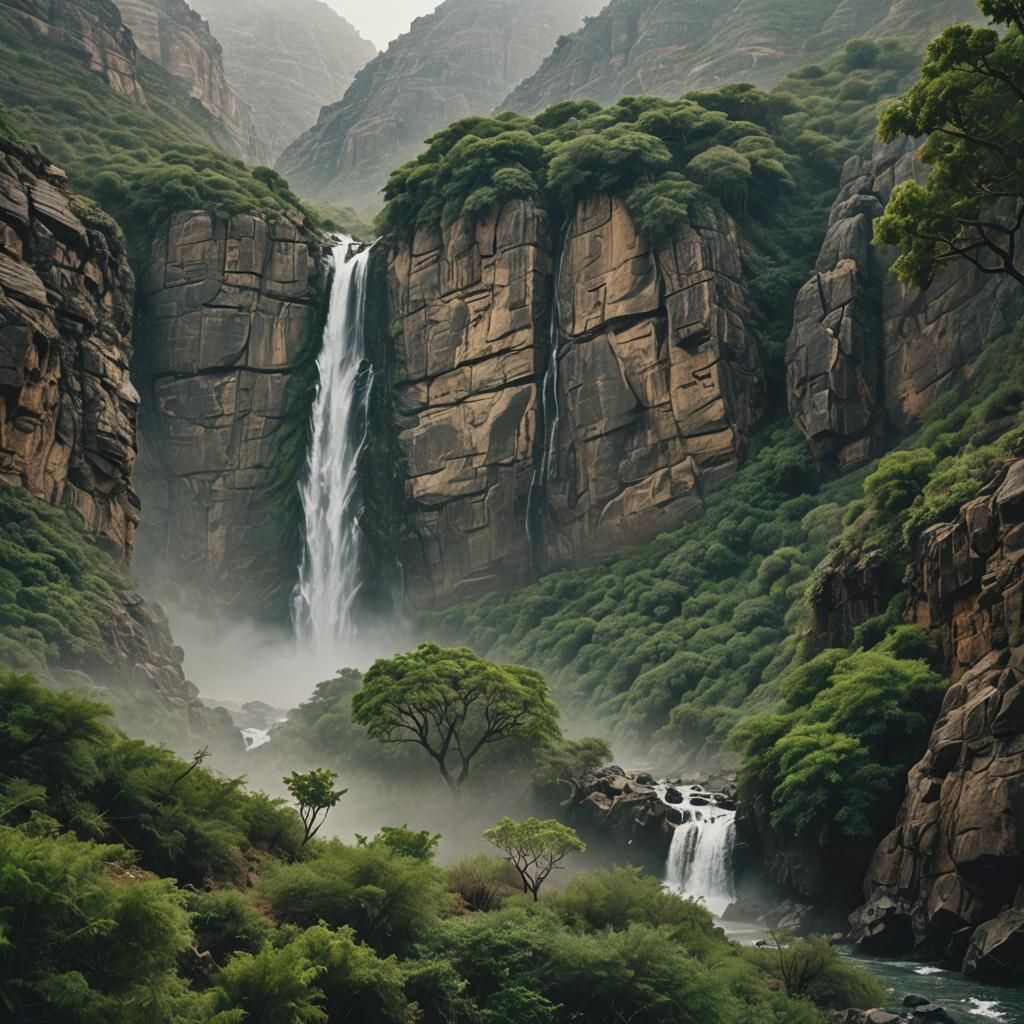 Lush Omani Mountainside with Waterfalls in Cinematic Style