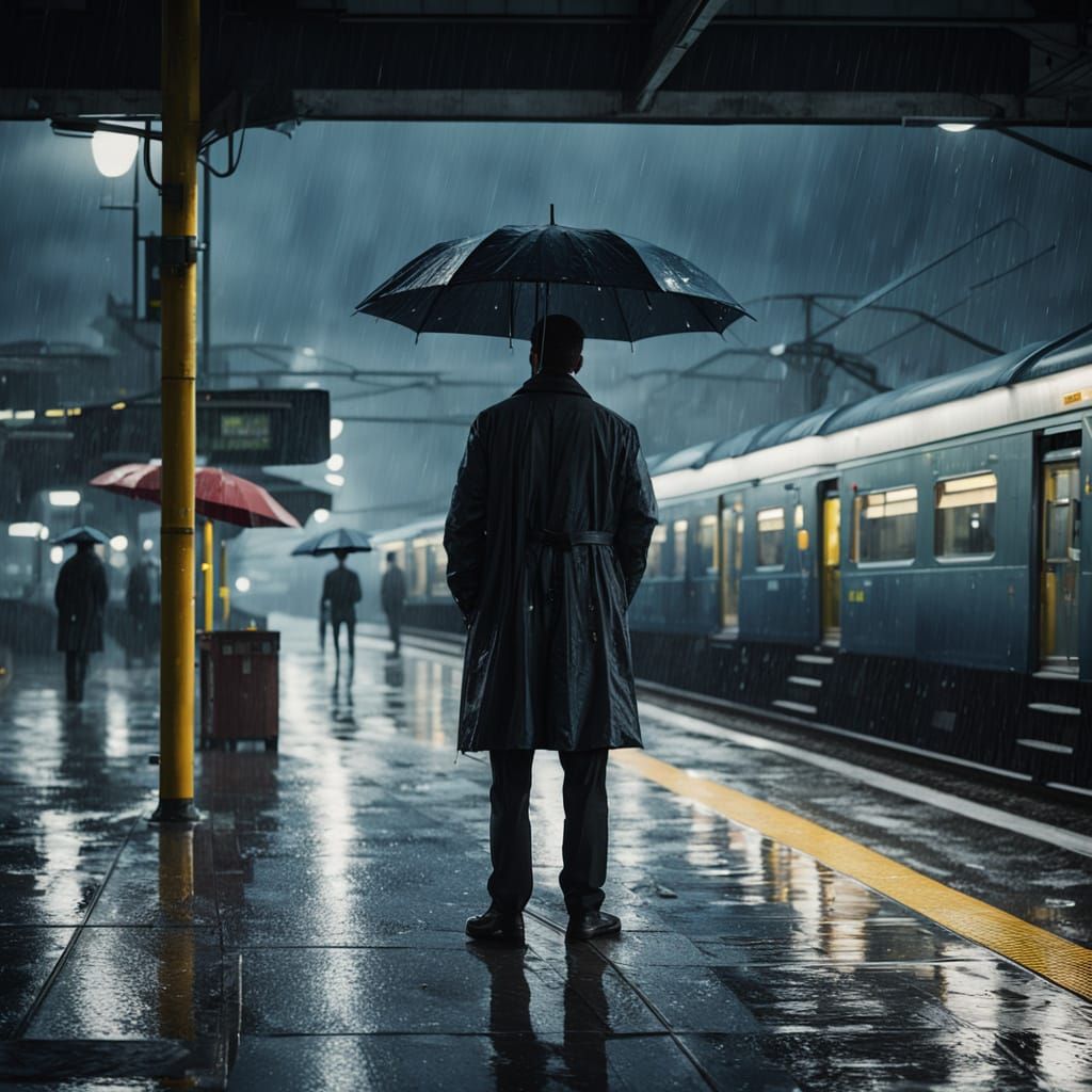 Gloomy Train Station at Dusk with Moody Film Noir Style