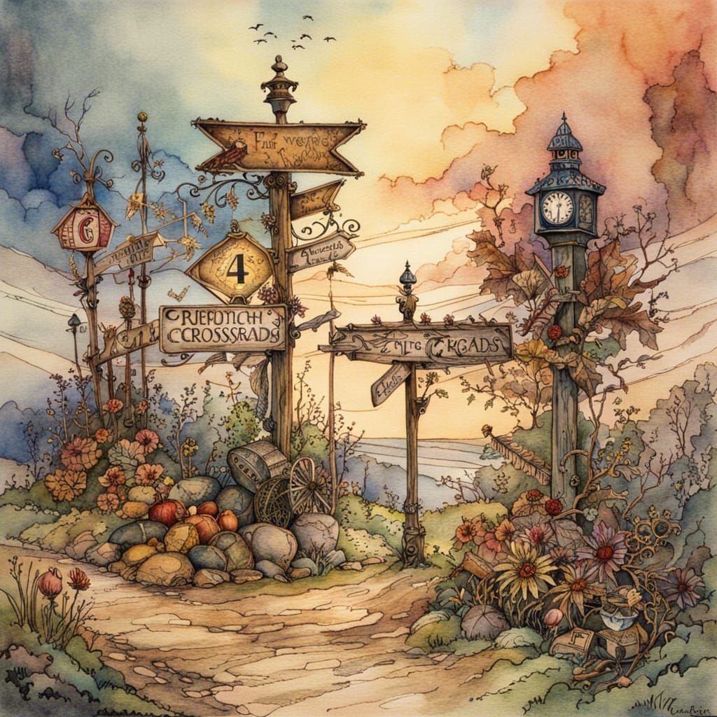 Fairytale Crossroads in Arthur Rackham Watercolor Style