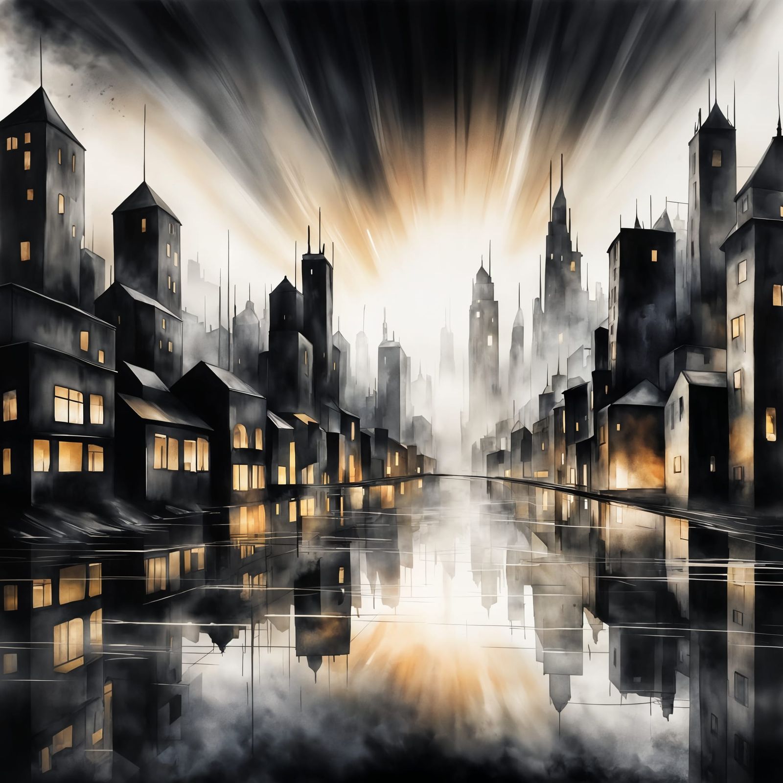 Mystical Cityscape at Dawn in Alcohol Ink and Watercolor