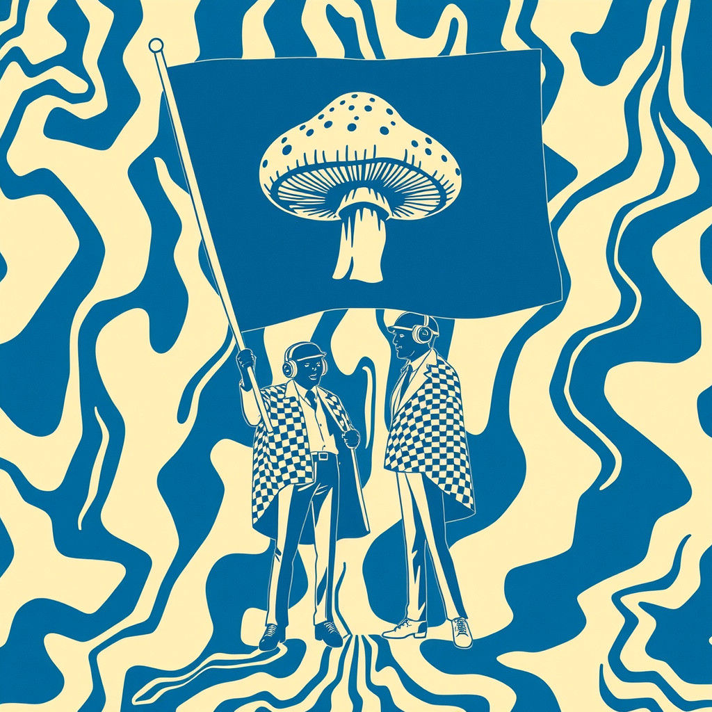 Mushroom Flag Bearers in Linocut Style