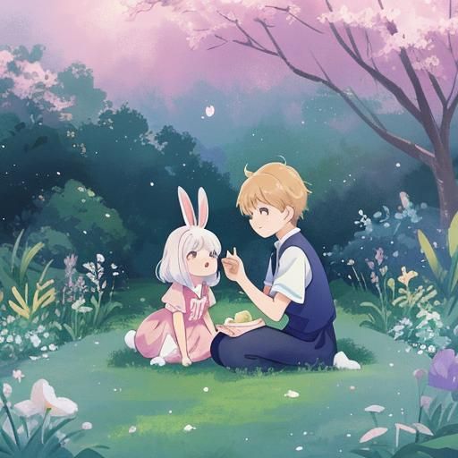 Anime Garden Scene with Moon Cake Rabbit