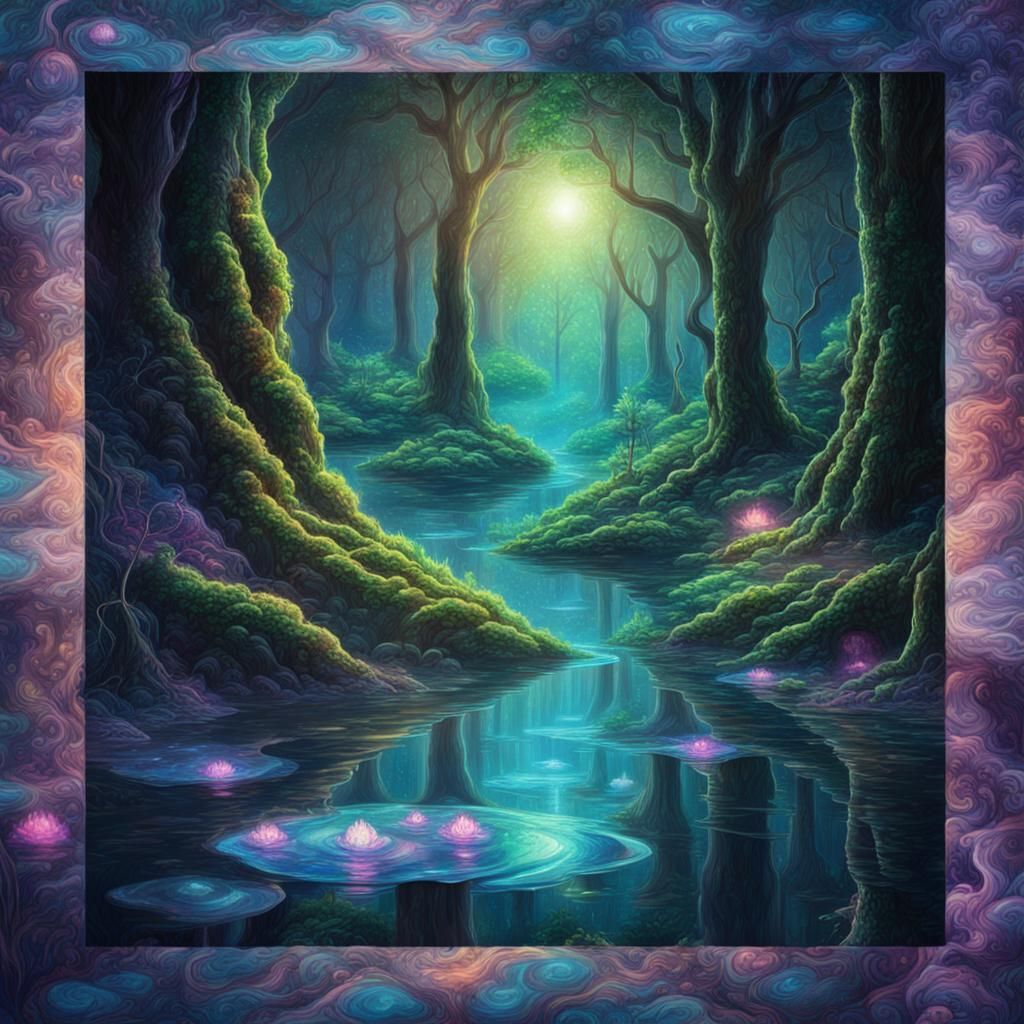 Magical Forest Water Sprouts: Astral Holographic Illustratio...
