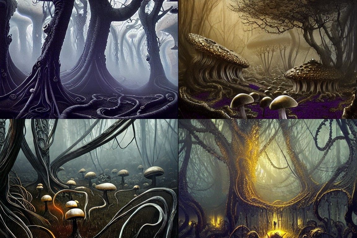 Mushroom Village in Sinister Forest, Fantasy Art