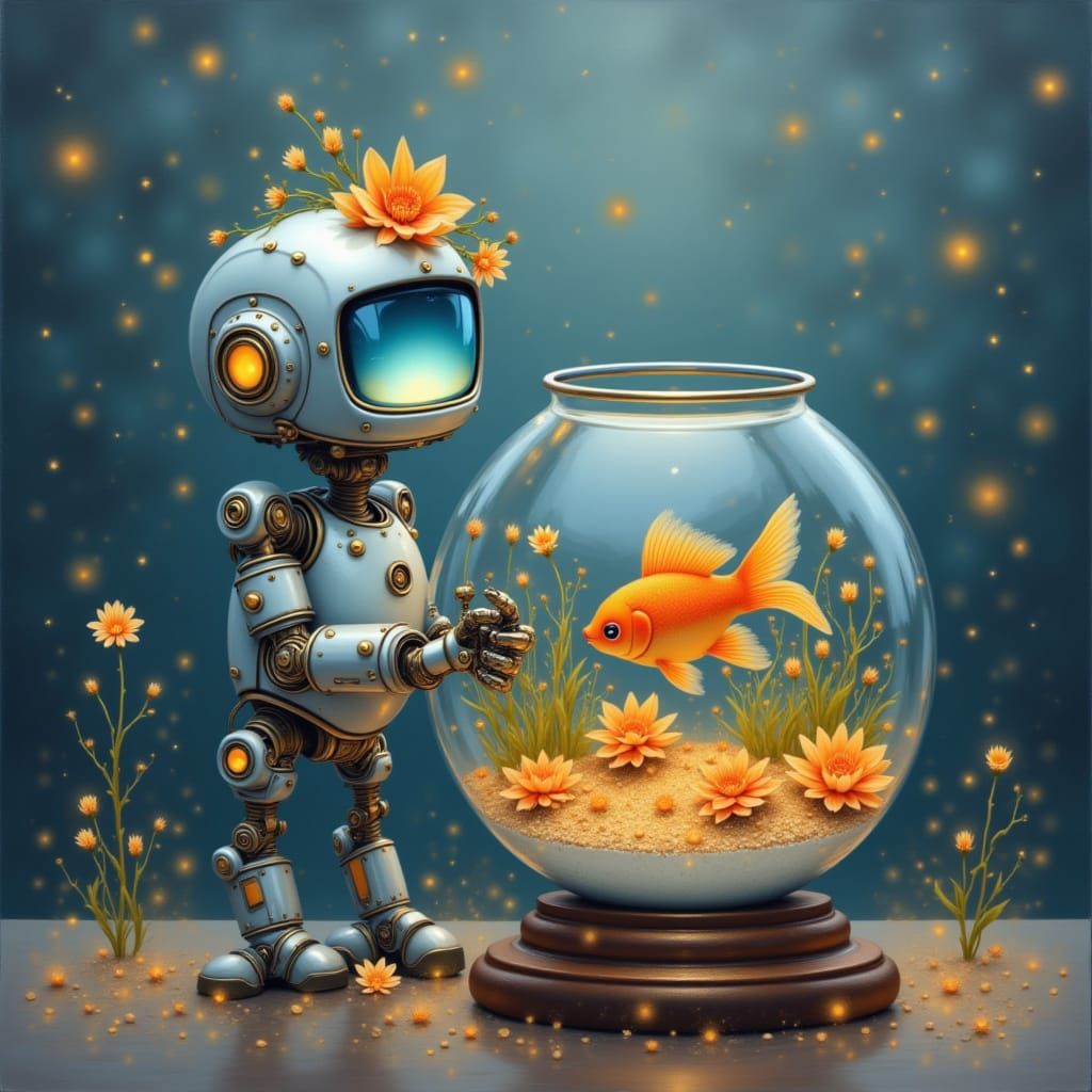 Cute Robot Holding a Fishbowl with Tiny Flowers