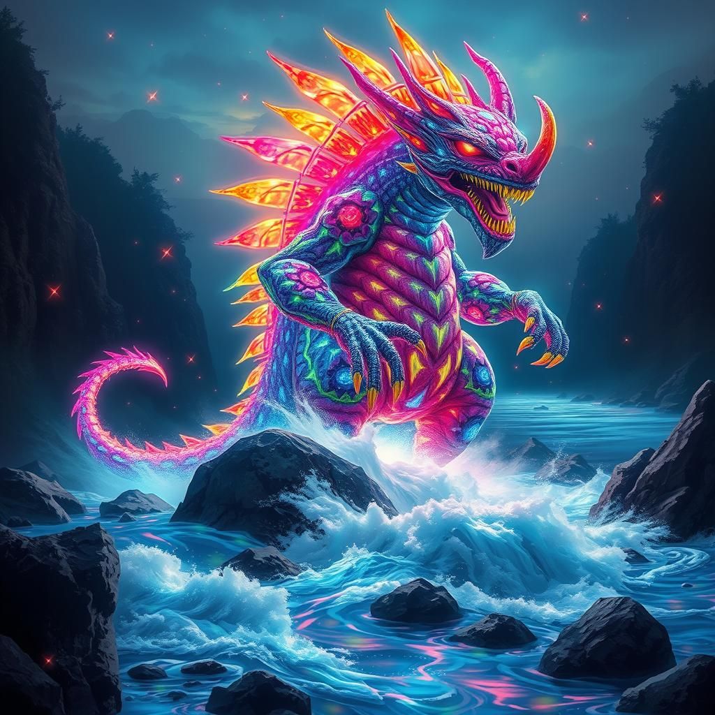 Colorful Light Monster Casting Spell on Tumultuous River
