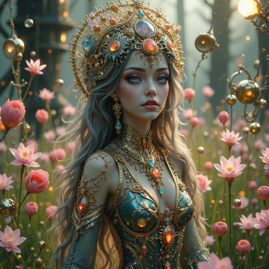 Clockwork Woman in Flower Field, in Art Nouveau Style