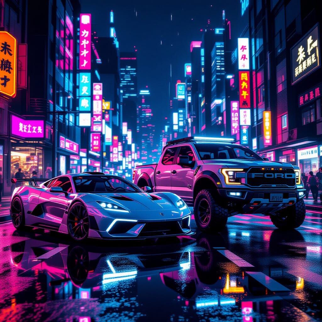 Futuristic Car and Truck on Neon City Street