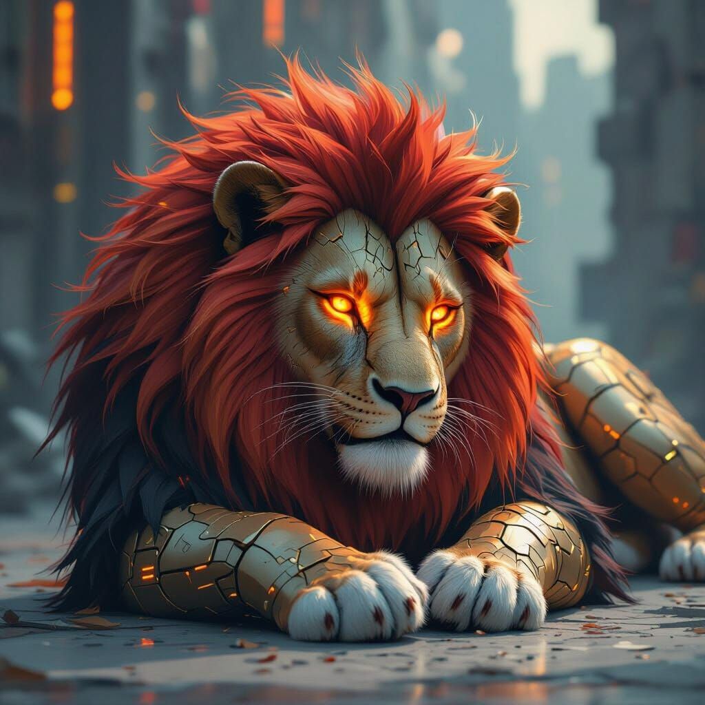 Metallic Lion with Fiery Eyes in Futuristic Style